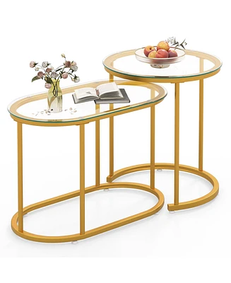 Costway Nesting Coffee Table Set of 2 with Tempered Glass Tabletop Heavy-duty Metal Frame