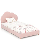 Costway Kids Twin Platform Bed Frame Upholstered Twin Size Bed with Wooden Slats Support