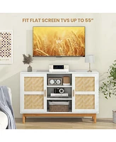 Costway 48" Sideboard Buffet Cabinet with 2 Bamboo Woven Doors 3 Open Shelves for Kitchen