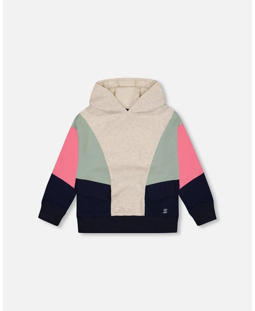 Deux par Big Girls Hooded Sweatshirt Colorblock Beige, Navy And Pink