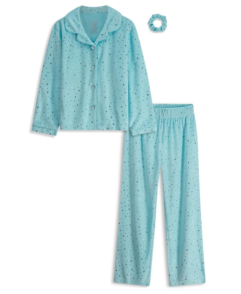 Max and Olivia Girls Velour Coat Pajama with Matching Scrunchie 3pc Set