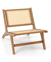 Costway 1 Pcs Mid Century Modern Teak Wooden Chair with Handwoven Rattan Seat & Backrest