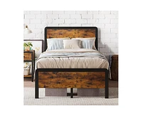 gaomon Queen Bed Frame with Headboard Footboard, Rustic Wood Farmhouse Platform Metal Wrought Rod Slat Bedframe