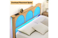 gaomon Full Bed Frame with Natural Rattan Headboard, Platform Led Lights and Storage Strong Wood Slats Support, No