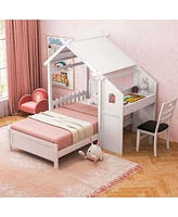 Costway Twin House Bed with Desk & Chair with 2 Drawers Windmill Fence & Headboard for Teens