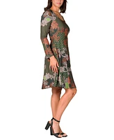 24seven Comfort Apparel Women's Green Paisley Print Long Sleeve Knee Length Dress