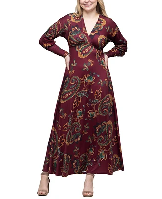 24seven Comfort Apparel Women's Wine Paisley Print Sleeve A Line Maxi Dress