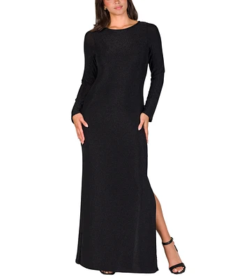 24seven Comfort Apparel Women's Fitted Long Sleeve Shimmery Side Slit Maxi Dress