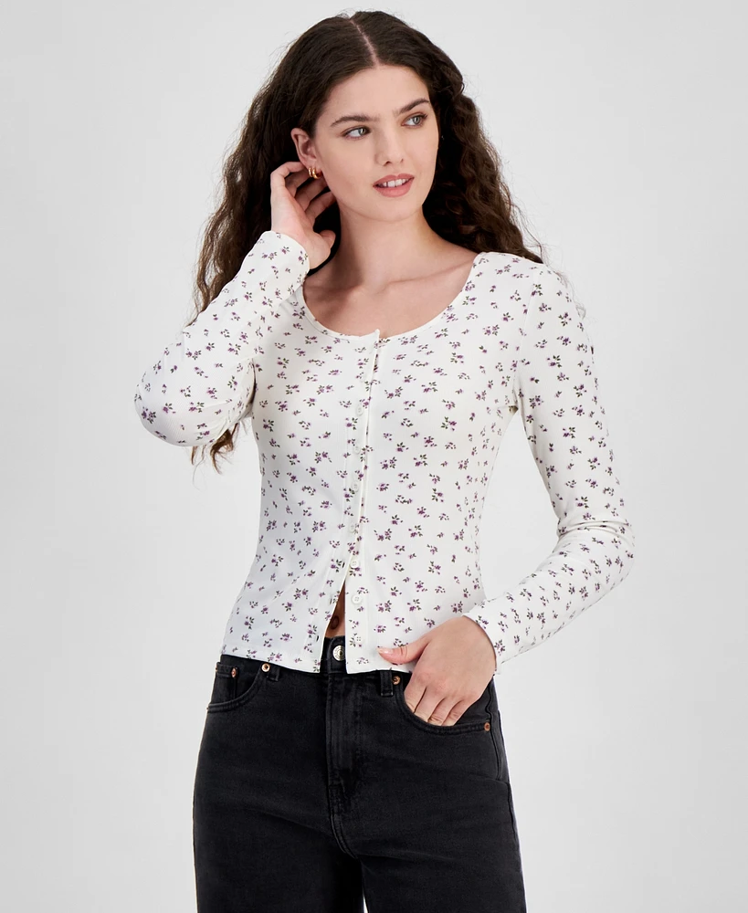 Just Polly Juniors' Ribbed Long Sleeve Button-Up Top