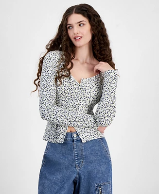 Just Polly Juniors' Ribbed Long Sleeve Button-Up Top