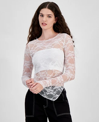 Just Polly Juniors' Asymmetrical-Hem Lace Top