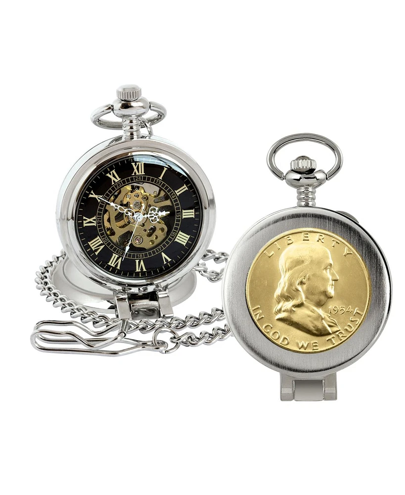 American Coin Treasures 16277 Gold-Layered Silver Franklin Half Dollar Coin Pocket Watch with Skeleton Movement, Black Dial with Gold Roman Numerals