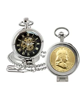 American Coin Treasures 16277 Gold-Layered Silver Franklin Half Dollar Coin Pocket Watch with Skeleton Movement, Black Dial with Gold Roman Numerals