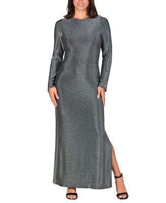 24seven Comfort Apparel Women's Fitted Long Sleeve Shimmery Side Slit Maxi Dress