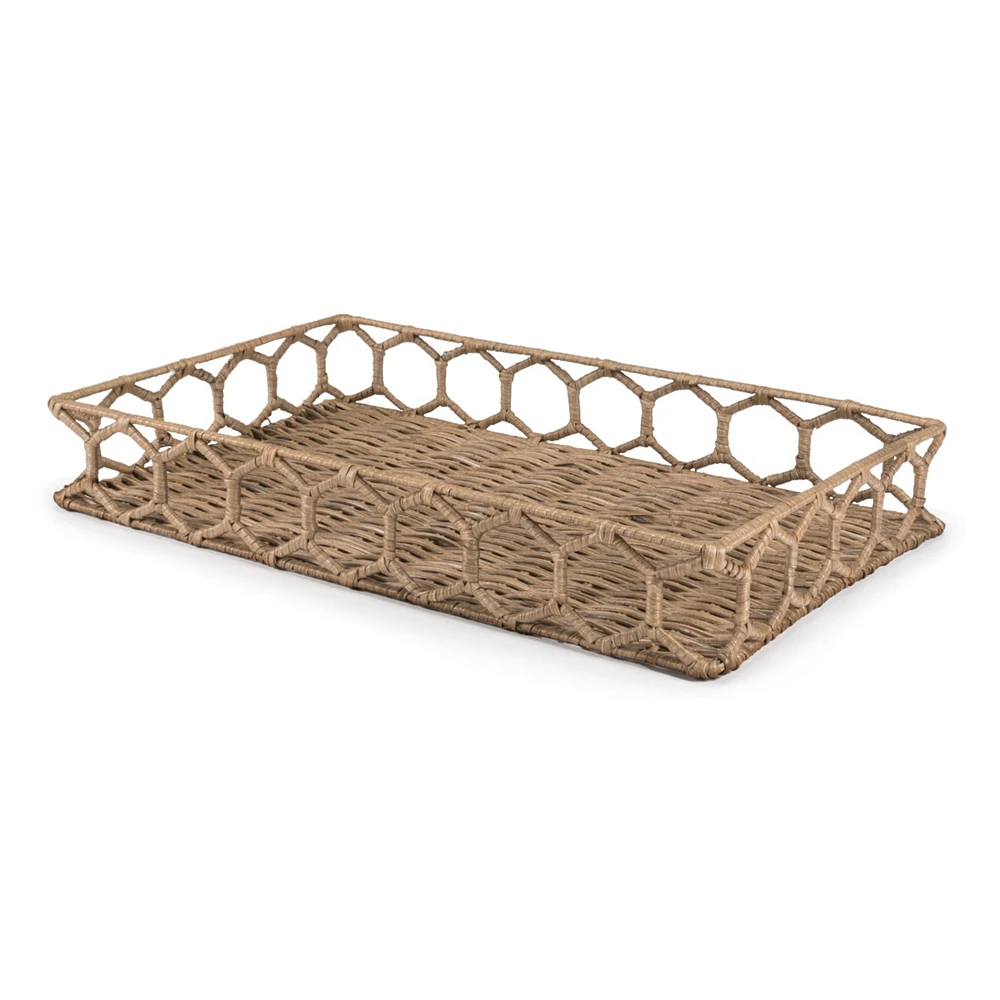 Jonathan Y Honeycomb 19.75" Rustic Bohemian Hand-Woven Rattan Tray, Natural