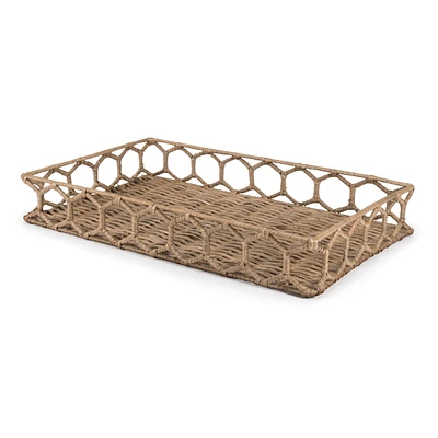 Jonathan Y Honeycomb 19.75" Rustic Bohemian Hand-Woven Rattan Tray, Natural