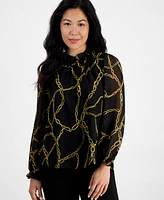 Ak Anne Klein Petite Ruffle-Neck Chain-Print Blouse