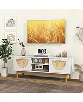 Sugift Mid Century Modern Tv Stand Entertainment Center for 55-Inch Tv with 2 Drawers and Bamboo Woven Fronts