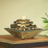 John Timberland Four Tiers Modern Zen Slate Stone Feng Shui Ball Indoor Small Tabletop Water Fountain with Light 9" High for Table Desk