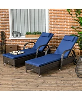 Outsunny Outdoor Pe Rattan Sun Bathing Chair w/ Cushion & Pillow, Brown/Dark Blue