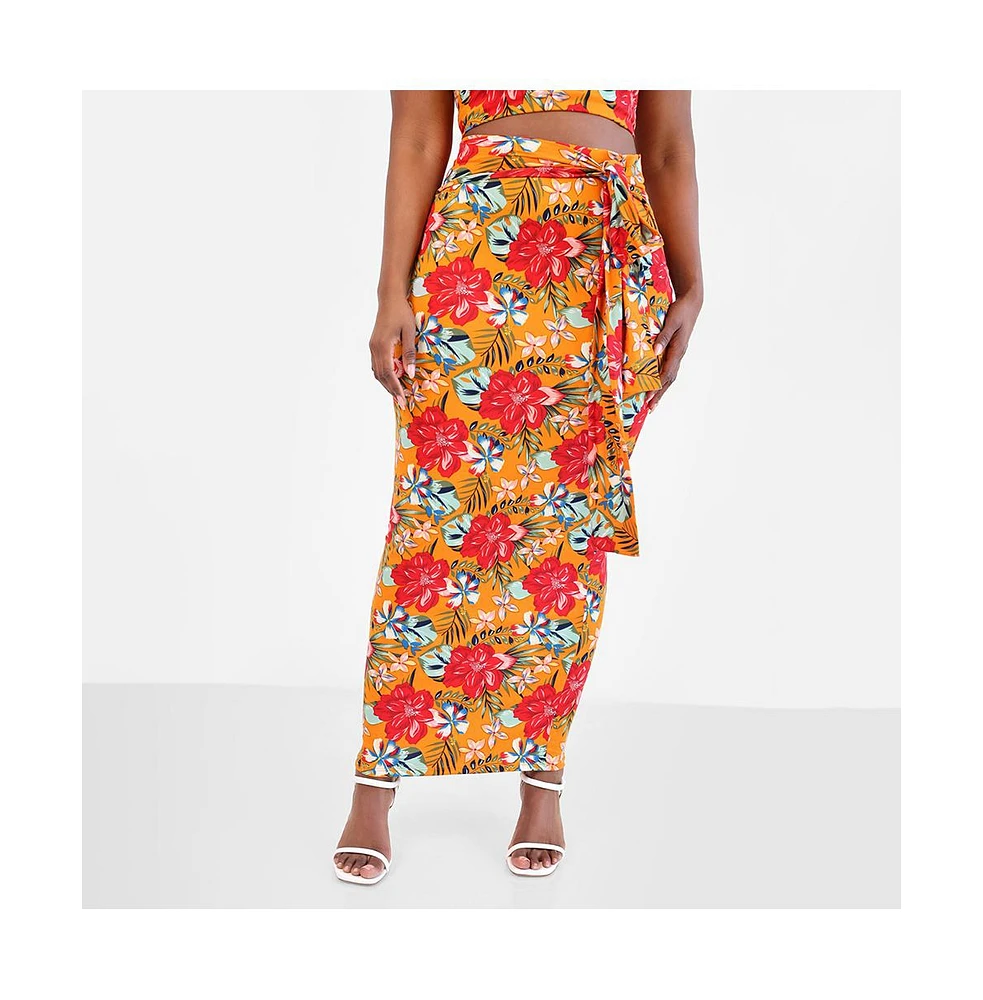 Rebdolls Plus Noemi Tropical Print Bodycon Maxi Skirt