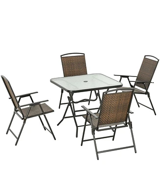 Outsunny 5 Pieces Wicker Patio Dining Set Foldable W/ Umbrella Hole