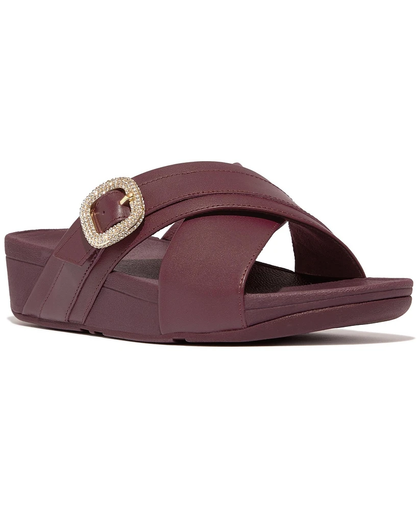 FitFlop Women's Lulu Crystal Buckle Leather Cross Slides Flats