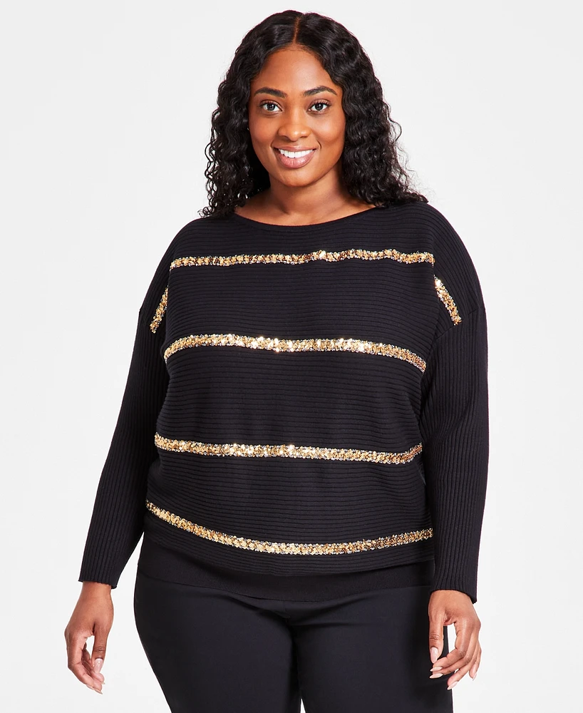 Jm Collection Plus Size Sequin-Stripe Boat-Neck Sweater, Created for Macy's