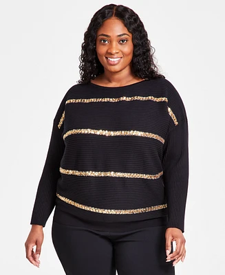 Jm Collection Plus Size Sequin-Stripe Boat-Neck Sweater, Created for Macy's