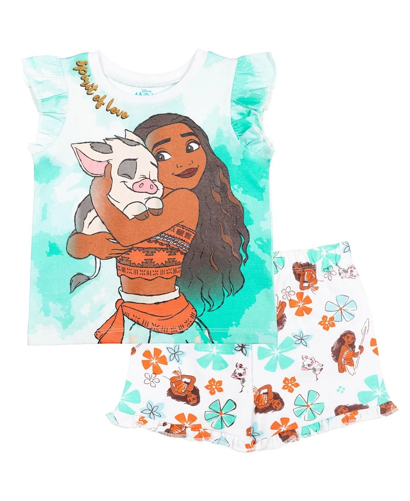 Disney Baby Girls Frozen Moana Princess Tiana Floral Peplum T-Shirt and French Terry Shorts Outfit Set to