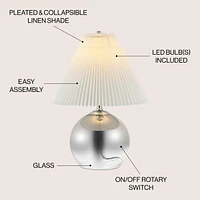 Jonathan Y Louisa 22.5" Mid-Century Modern Round Glass/Iron Pleated Shade Led Table Lamp, Smoke Gradient/Chrome