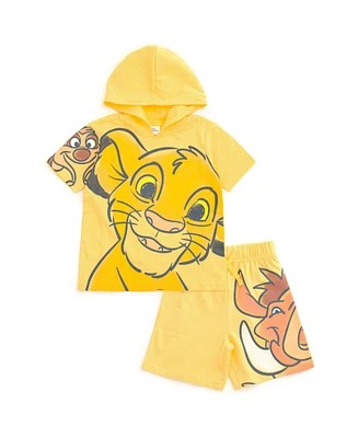 Disney Toddler Boys Mickey Mouse Lion King Cars Monsters Inc. Hooded T-Shirt and French Terry Shorts Outfit Set to