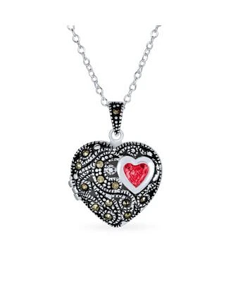 Bling Jewelry Marcasite Genuine Red Garnet Antiqued Style Filigree Aromatherapy Perfume Diffuser Heart Shape Locket Necklace For Women Rose Gold .925 Sterling Silver