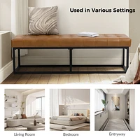 Narciso 60" Wide Bedroom Bench with Genuine Leather Top Cushion and Metal Base