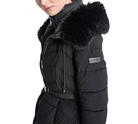 Dkny Women's Bibbed Faux-Fur-Trim Hooded Puffer Coat