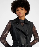 Bar Iii Petite Faux-Leather Notched Collar Belted Vest, Created for Macy's