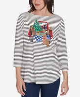 Ruby Rd. Petite Scoop Neck Holiday Truck Printed Striped Top