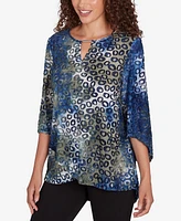 Ruby Rd. Petite Scoop Neck with Bar Detail Tie Dyed Spots Jacquard Knit Top