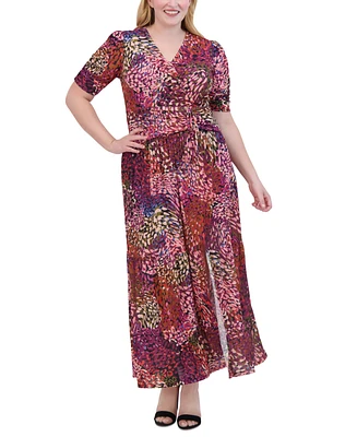 Vince Camuto Plus Printed V-Neck Ruched Maxi Dress