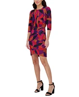 Vince Camuto Petite Printed Pleat-Neck 3/4-Sleeve Dress