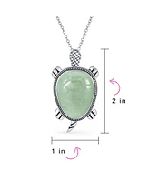 Bling Jewelry Large Nautical Tropical Beach Vacation Light Green Natural Jade Sea Turtle Pendant Statement Necklace For Women Sterling Silver Oxidized