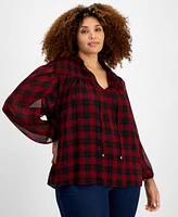 Tommy Hilfiger Plus Plaid Tie-Neck Smocked-Yoke Top