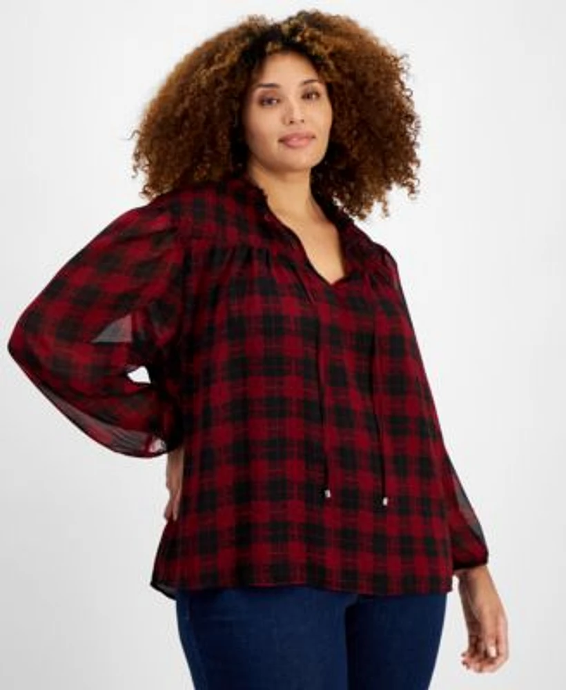 Tommy Hilfiger Plus Size Plaid Tie Neck Top Th Flex Gramercy Pull On Jeans