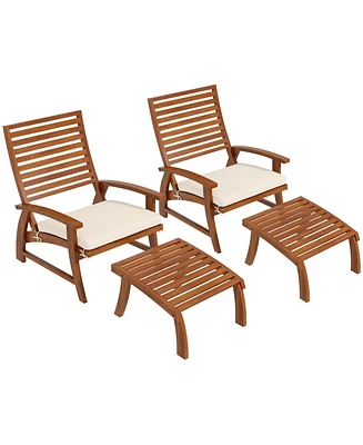 Outsunny 2 Patio Chairs w/ Ottomans & Cushions, Acacia Wood, White