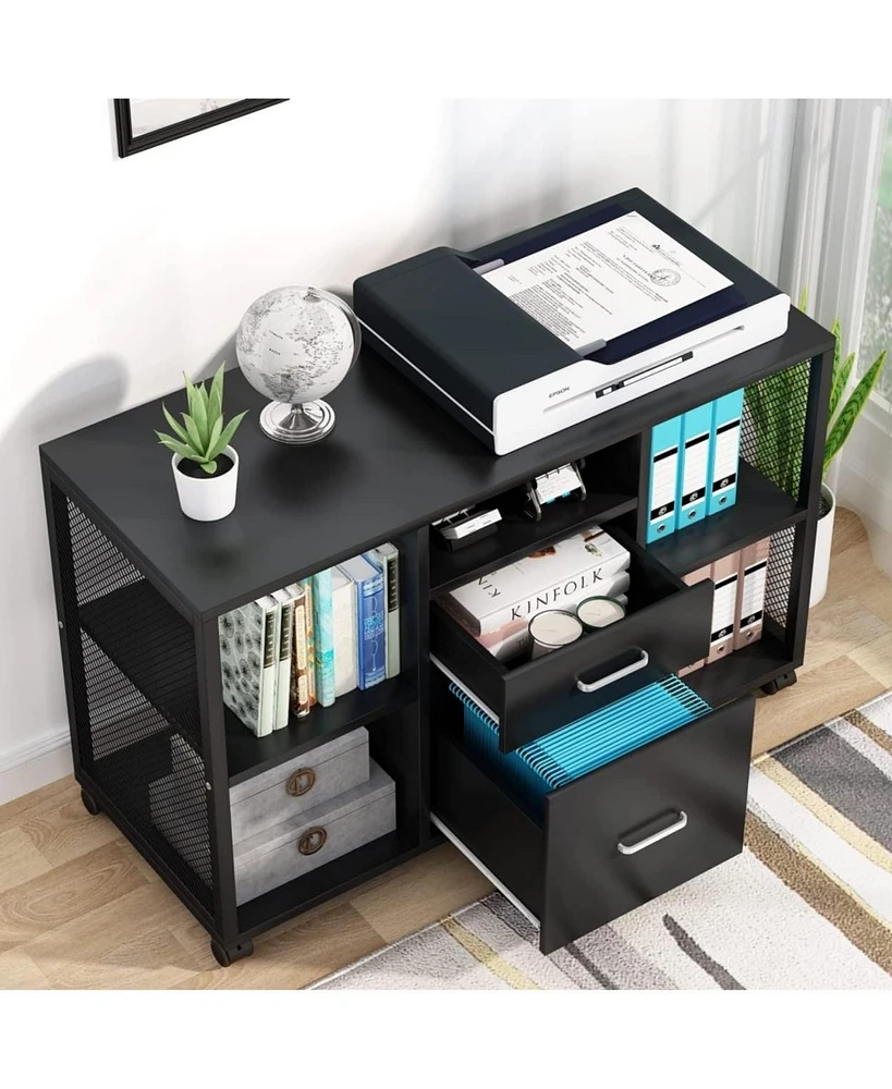 Tribesigns 2 Drawer Wood File Cabinet, Mobile Lateral Filing Cabinet, Modern Storage Cabinets Printer Stand with Open Storage Shelves, Letter Size