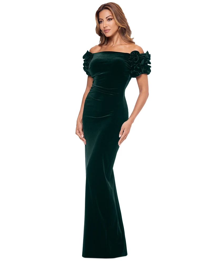 Xscape Women's Off-The-Shoulder Ruffled Velvet Gown