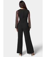 Bebe Women's V-Neck Jumpsuit with Powermesh Sleeve