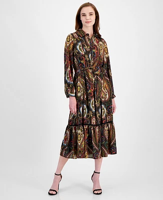 T Tahari Women's Paisley-Print Half-Placket Tiered Maxi Dress