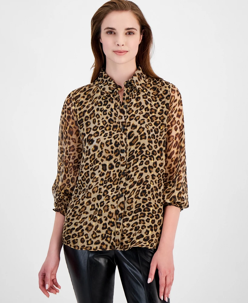 T Tahari Women's Animal-Print Button-Front Blouse