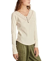 Lucky Brand Women's Embroidered Mesh Henley Top